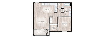 A floor plan of a house with a kitchen, living room, bedroom, and bathroom.