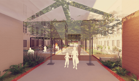 A modern outdoor courtyard with people walking.