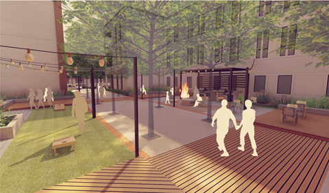 A couple walking hand in hand on a wooden walkway.
