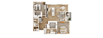 A detailed 3D floor plan of a house layout.