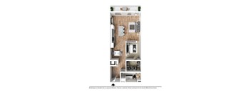 A floor plan of a small apartment with a kitchen, living room, and bedroom.
