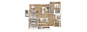 A detailed 3D floor plan of a small apartment layout.