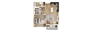 A top-down view of a small apartment layout with a kitchen, living room, and bathroom.