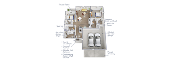 A floor plan of a house with two bedrooms, a living room, a kitchen, a bathroom, and a garage.