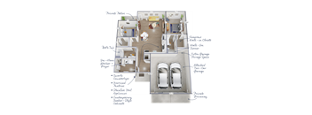 A floor plan of a house with a garage, two cars, and a bathroom.