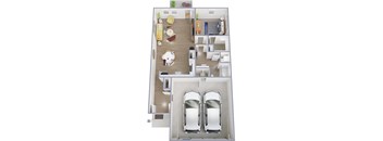 A top-down view of a house with two cars parked in the garage.