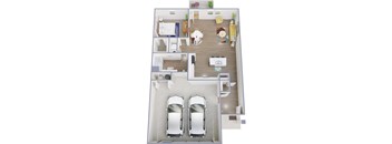 A 3D floor plan of a house with two bedrooms, a living room, a kitchen, and two parking spaces.