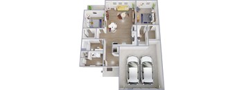 A floor plan of a house with two bedrooms, a living room, a kitchen, a bathroom, and two parking spaces.