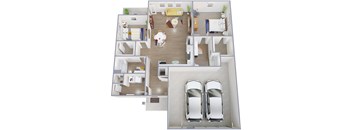 A floor plan of a house with two bedrooms, a living room, a kitchen, and two parking spaces.