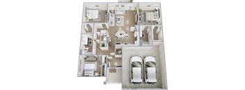 A 3D floor plan of a house with two bedrooms, a living room, a kitchen, a bathroom, and two parking spaces.
