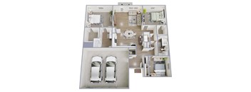 A 3D floor plan of a house with two bedrooms, a living room, a kitchen, a dining room, and two parking spaces.