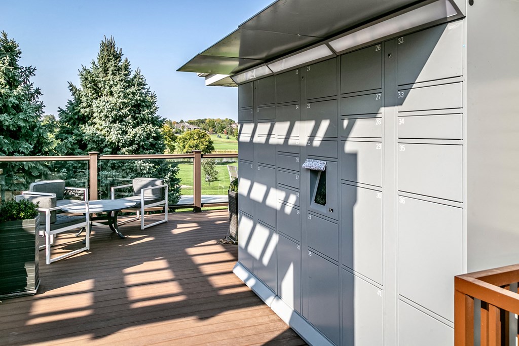 Terrace lounge with package receiving at Tiburon View Apartments, Nebraska