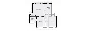 A floor plan of a house with a living room, kitchen, and multiple bathrooms and bedrooms.