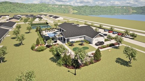 A rendering of a residential area with houses, a swimming pool, and a parking lot.