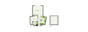 A floor plan shows a two-story house with a living/dining room, kitchen, bathroom, bedroom, and laft.
