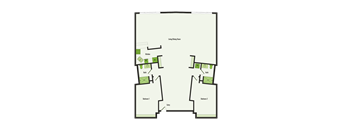 A floor plan of a house with two bedrooms, a bath, a kitchen, and a living/dining room.