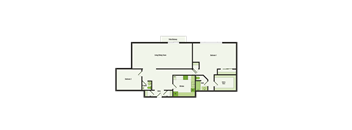 A floor plan of a house with a living room, dining room, kitchen, and two bathrooms.