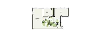 A floor plan of a house with two bedrooms, a living area, a kitchen, a bathroom, and a pantry.