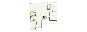 A floor plan of a house with three bedrooms, a living room, and an entry.