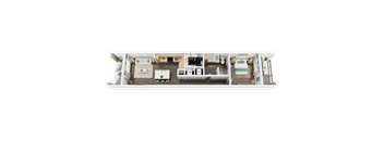 A top-down view of a house layout with a kitchen, living room, and two bedrooms.