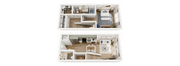 A top and bottom floor plan of a house with a bedroom, bathroom, kitchen, and living room.