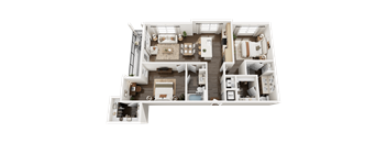 A 3D floor plan of a house with a kitchen, living room, and bedrooms.