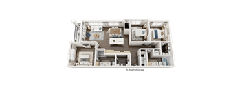 A top-down view of a house layout with a kitchen, living room, and attached garage.