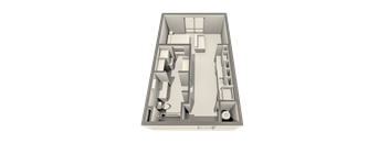 A 3D floor plan of a house with a kitchen, living room, and two bedrooms.