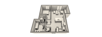 A 3D image of a house layout with a kitchen, living room, and bedrooms.