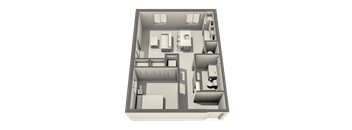 A 3D floor plan of a house with multiple rooms and furniture.