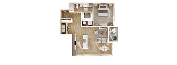 A top-down view of a well-organized apartment with a kitchen, living room, and bedroom.