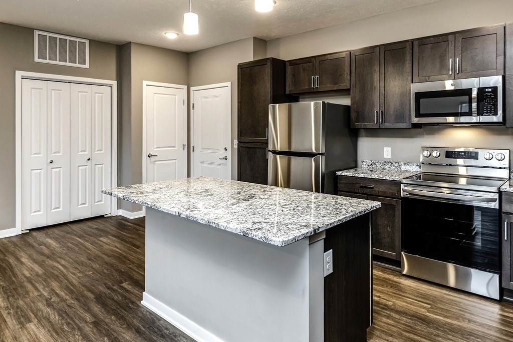 Dark cabinet countertops at LIV 156 Apartments in Omaha, NE