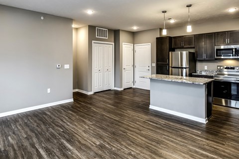 Studio, one two and three bedroom apartment homes featuring stainless steel appliances, luxury wood-style plank flooring, and in-unit washer and dryer in VUE 156 in Omaha, NE