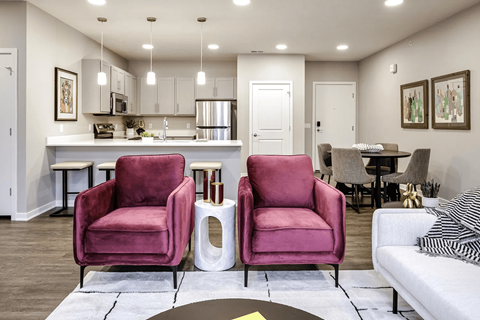 Two red chairs are in the middle of a white rug in a living room.