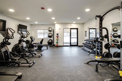 VUE 19 (Fitness Center)  A gym with a variety of equipment including treadmills, weights, and exercise balls.