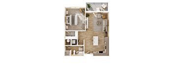 A top-down view of a modern, minimalist bathroom and bedroom layout.