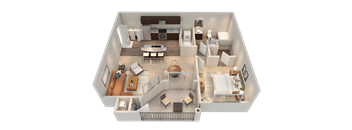 A top-down view of a well-furnished living room, kitchen, and dining area.