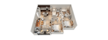 A 3D floor plan of a house showing a living room, dining room, kitchen, and bedrooms.