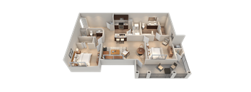 A 3D floor plan of a house with two bedrooms, a living room, a kitchen, and a bathroom.
