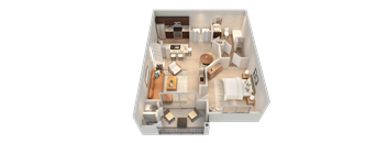 A 3D image of a small apartment with a kitchen, living room, and bedroom.