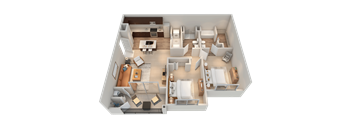 A 3D floor plan of a house showing a living room, kitchen, dining room, and bedrooms.