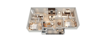 A 3D rendered image of a house layout.