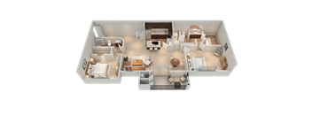 A 3D floor plan of a house showing all the rooms and their layout.
