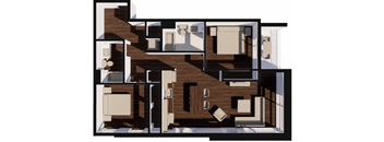 A 3D floor plan of a house with multiple rooms.
