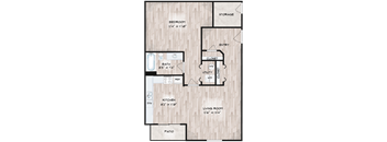 A floor plan of a home with a bedroom, bathroom, kitchen, living room, and patio.