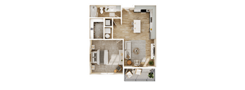 A top-down view of a modern apartment layout with a kitchen, living room, and bathroom.