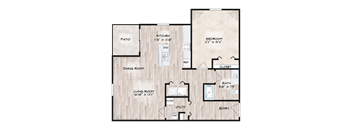 A floor plan of a house with a living room, dining room, kitchen, bedroom, and bathroom.