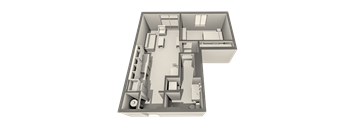 A 3D floor plan of a house with a kitchen, living room, and two bedrooms.