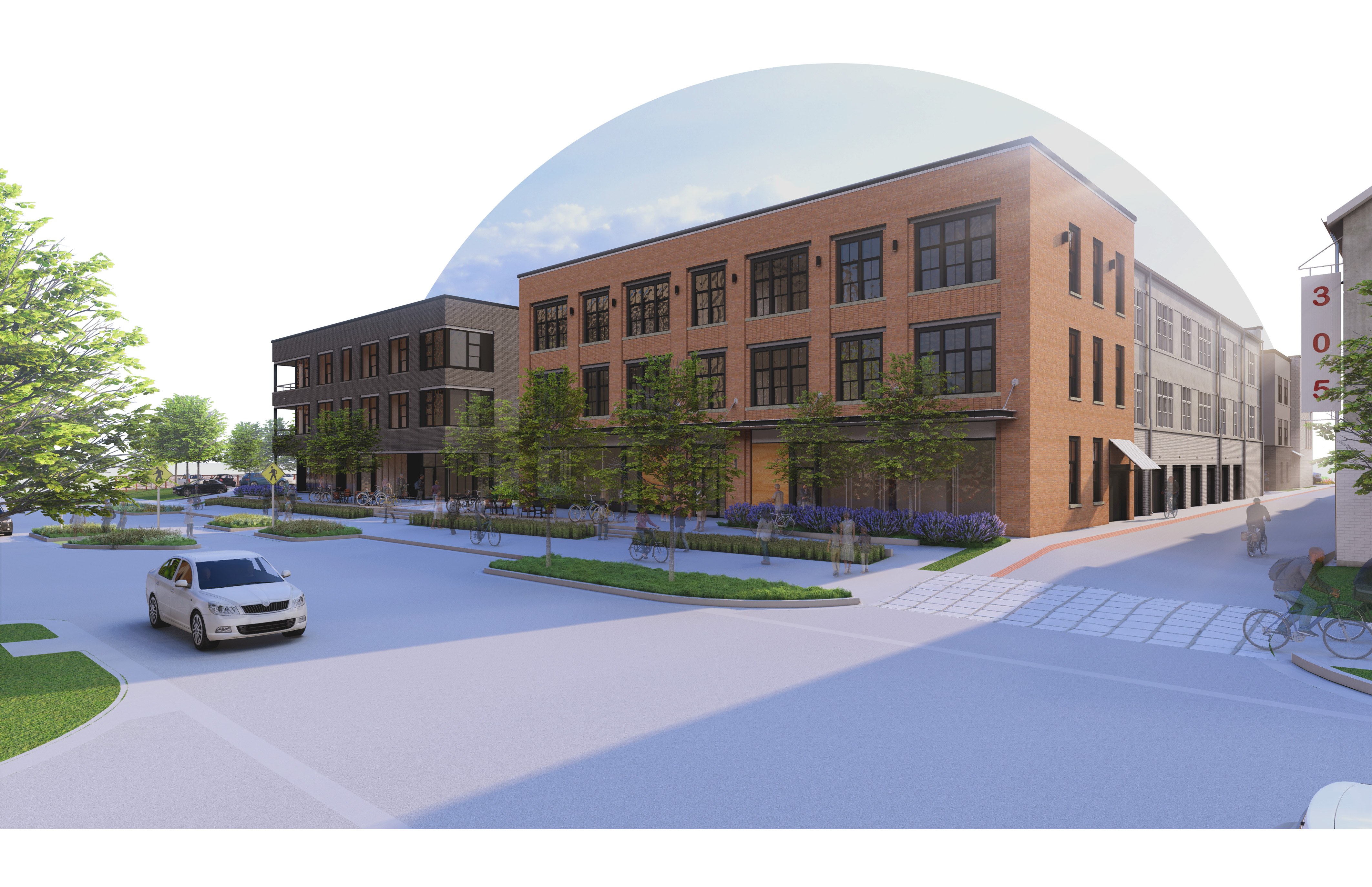 A car is driving on a road in front of a building with a large dome.