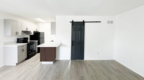 A kitchen with a black door and a white countertop.